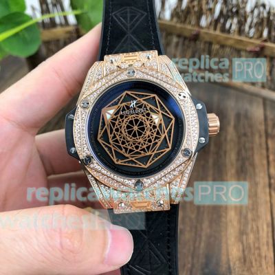 Copy Hublot Big Bang Sang Bleu Gold Diamond Bezel Black Leather Strap Limited Mens Watch